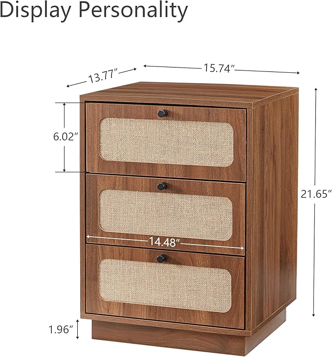 AVZEAR Mid Century Night Stand Set of 2, Modern Nightstand with 3 Drawers and Nature Linen Panel, Wood Bedside Table Rustic End Table for Small Space, Dorm, Bedroom(Walnut)