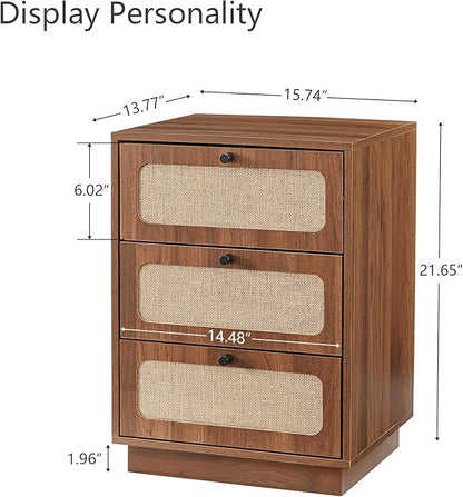 AVZEAR Mid Century Night Stand Set of 2, Modern Nightstand with 3 Drawers and Nature Linen Panel, Wood Bedside Table Rustic End Table for Small Space, Dorm, Bedroom(Walnut)