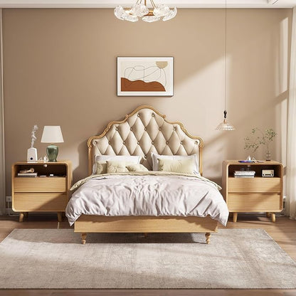 Nasonet Night Stand with Charger Station, Mid Century Modern Nightstand with 2 Drawers, Wood Bedside Table for Bedroom, Curved Beveled Design, Oak