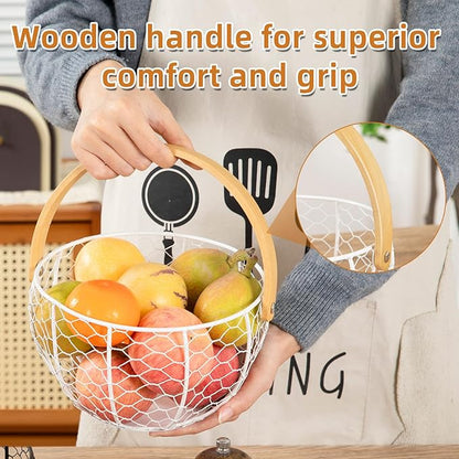 Farmhouse Wire Egg Basket for Gathering Fresh Eggs with Wooden Handle, Vintage Style Metal Egg Collecting Basket Countertop Storage Container Holder for Kitchen Decor and Fruit Bin (White)