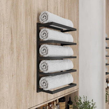 Modern 5-Tier/6-Tier Towel Rack - Wall-Mounted Black Metal Towel Shelf for Bathroom, Space-Saving Storage for Towels, Organizers, and Home Decor (5-Tier)
