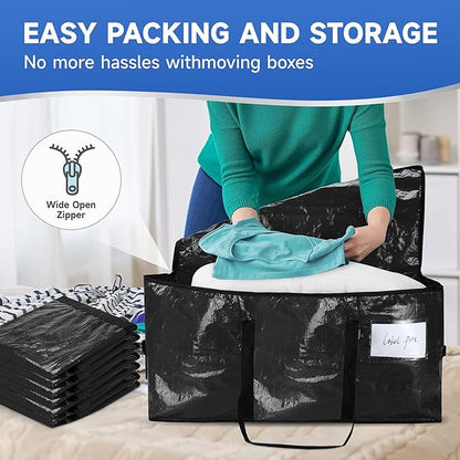 8-pack extra-large moving bags - zinc alloy zipper, webbing edging, sturdy handles, durable construction, PE plastic material, suitable for university dormitories and home organization.