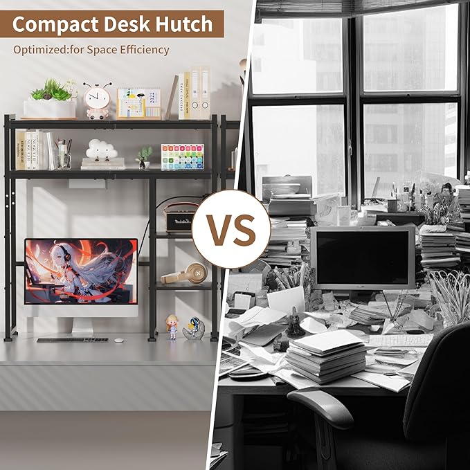 Aetheris Desktop Organizer Shelf, 30" Wooden Office Storage Rack with Outlets, Display Shelf Rack with Light Strip, 5 Tier Desktop Display Rac, Desk Shelf, Desk Hutch for Computer Monitor (Black)