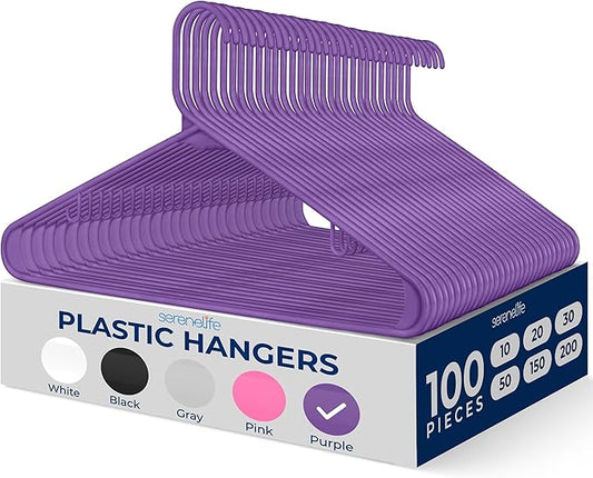 SereneLife 100 Pack Plastic Hangers, Non-Slip, Space-Saving Closet Organizers, Durable and Strong for Shirts, Sweaters, Hoodies, Kids Clothes & Dresses, Ultra-Thin, Lightweight