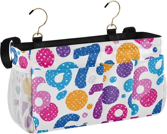 CuwrYet Bedside Caddy Hanging Bunk Bed Caddy Bed Organizer Hanging Pocket with 2 Hooks Bedside Storage Organizer Pocket Bag Holder Six Seven Flowers Colorful Polka Dots