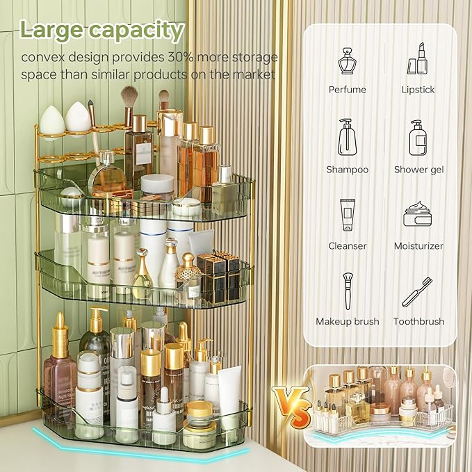 ZZWILLB Corner Bathroom Counter Organizer with Makeup Brush Holder & Toothbrush Holders, Makeup Organizer for Vanity Countertop, Acrylic Skincare Storage Shelf (Green, 3-Tier)