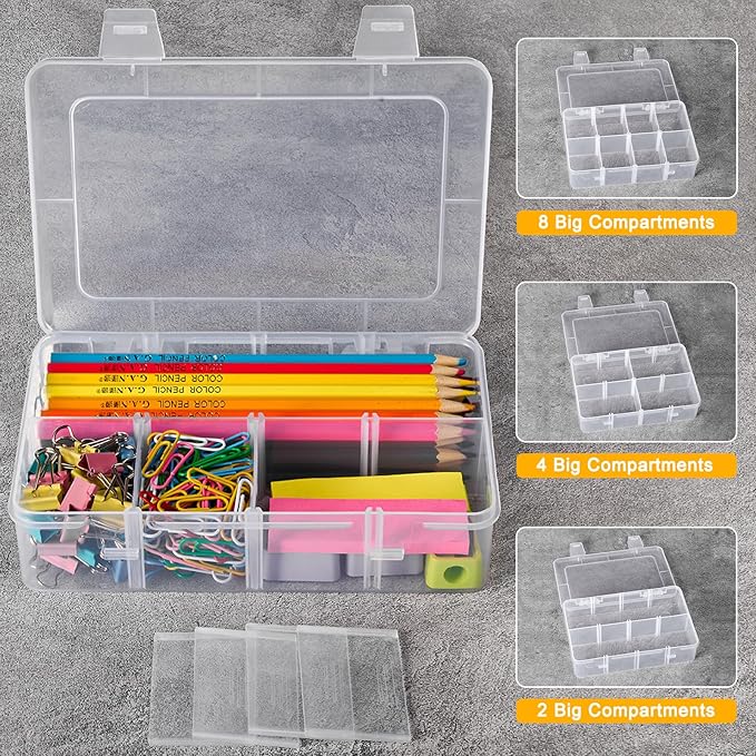 4 Pack 8 Grids Bead Organizer and Storage, Small Clear Plastic Divided Box with Removable Dividers and Labels for Snacks Candies Jewelry Crafts Electronics Small Parts Organizer Tackle Boxe(4)