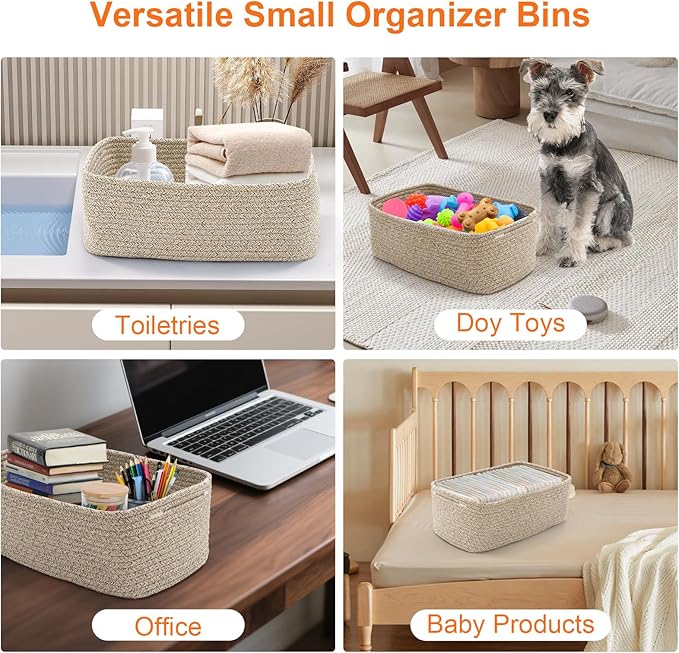 Small Storage Baskets for Organizing, Woven Storage Bins for Shelves, Gift Basket Empty, Cute Decorative Closet Organizer, Baby Rope Basket, Dog Toy Storage, 11x7.5x4.5”, 3Packs Mixed Brown