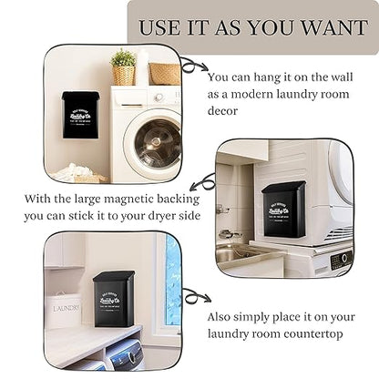 Magnetic Lint Bin for Laundry Room, Metal Trash Can with Lid for Dryer, Farmhouse Lint Holder, Laundry Co Sign, Laundry Room Storage Decor with Dryer Lint Brush (Black-Dryer Ball Set)