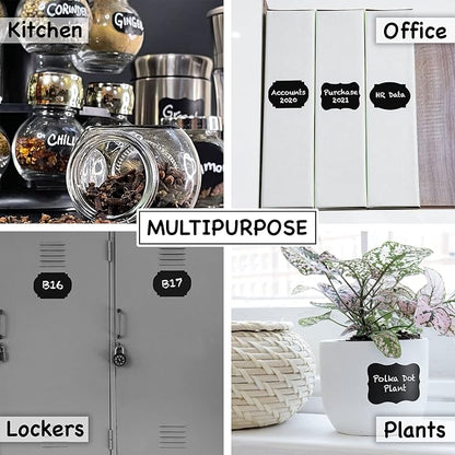 Chalkboard Labels for Jars 98pcs - Waterproof Reusable Chalk Sticker Labels for Containers Storage Jars - 12 Unique Shapes & 3 Sizes Includes Erasable Liquid Chalk Marker & Mini Towel (Pack of 98)