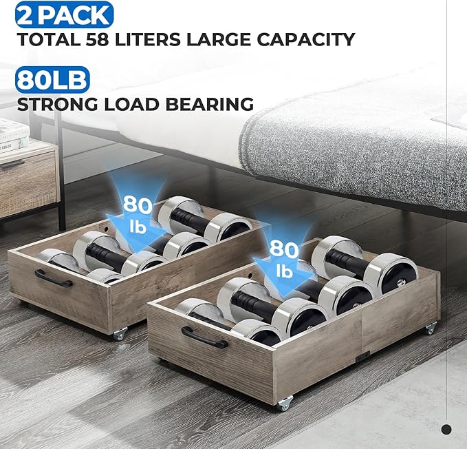 TIOPGHAD Under Bed Storage with Wheels, 2-Pack Under Bed Shoe Storage Organizer Drawer, Composite Wood Organizer for Shoes Clothes Containers in Bedroom for Clothes,Shoes(Grey)