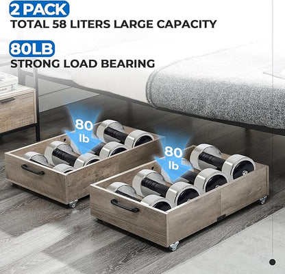 TIOPGHAD Under Bed Storage with Wheels, 2-Pack Under Bed Shoe Storage Organizer Drawer, Composite Wood Organizer for Shoes Clothes Containers in Bedroom for Clothes,Shoes(Grey)