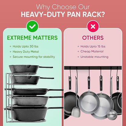 Extreme Matters Heavy-Duty Pots and Pans Organizer | 5-Tier Cookware & Lid Storage Rack | Free-Standing or Wall-Mount | Kitchen Organizer for Cast Iron Skillets, Pots, Frying Pans, Lids | Chrome