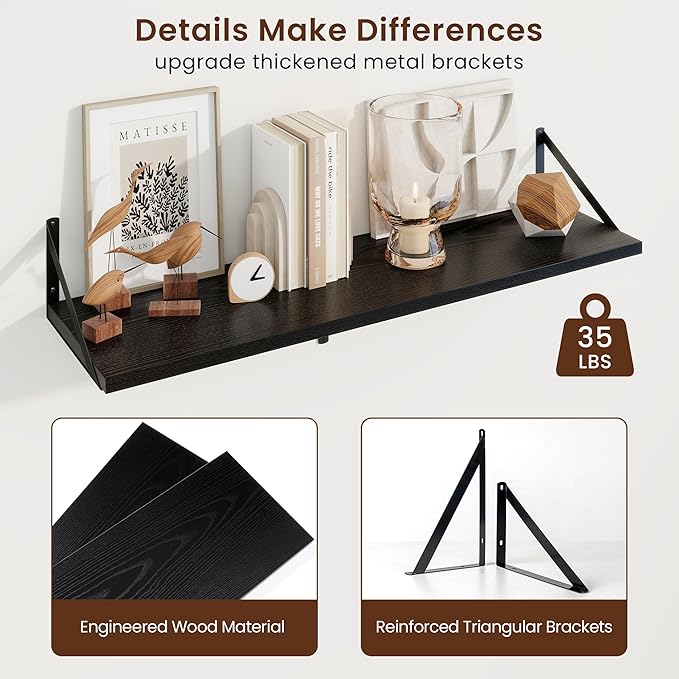 Axeman Deep Floating Shelves | 36 Inch Black Wall Shelves Set of 2 | 10 Inch Deep Wood Floating Shelves for Wall | 36" W x 10" D Black Shelves for Living Room Bathroom Kitchen