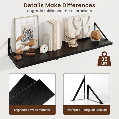 Axeman Deep Floating Shelves | 36 Inch Black Wall Shelves Set of 2 | 10 Inch Deep Wood Floating Shelves for Wall | 36" W x 10" D Black Shelves for Living Room Bathroom Kitchen