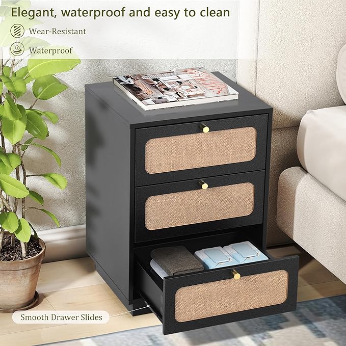 AVZEAR Mid Century Night Stand with 3 Drawers, Farmhouse End Table with Storage & Curved Linen Panel, Modern Nightstands Bedside Table Small Side Table for Small Space,Bedroom(Black)