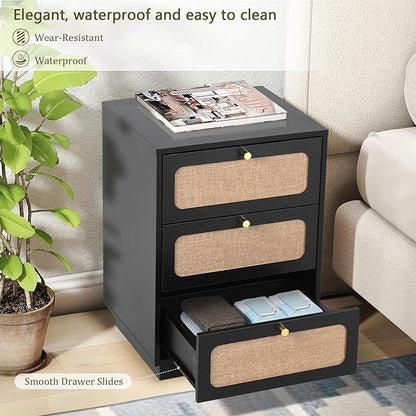 AVZEAR Mid Century Night Stand with 3 Drawers, Farmhouse End Table with Storage & Curved Linen Panel, Modern Nightstands Bedside Table Small Side Table for Small Space,Bedroom(Black)