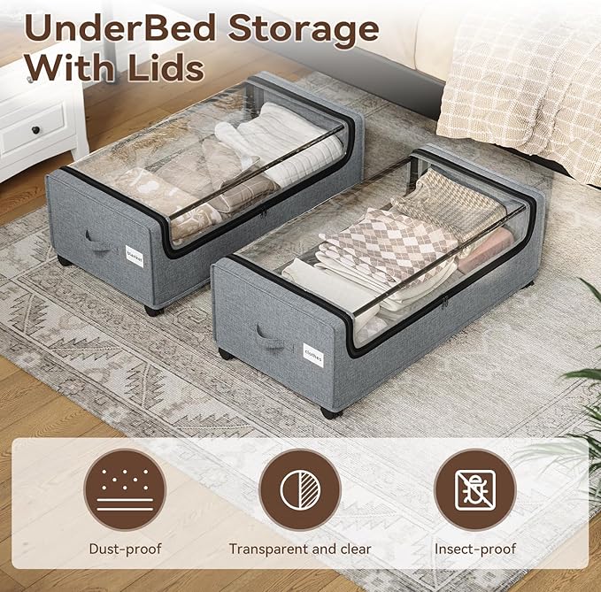 VicHomey Under Bed Storage With Wheels, Tall Under The Bed Storage, Underbed Storage Containers With Lids, Metal Frame, 90L Capacity, Large Size