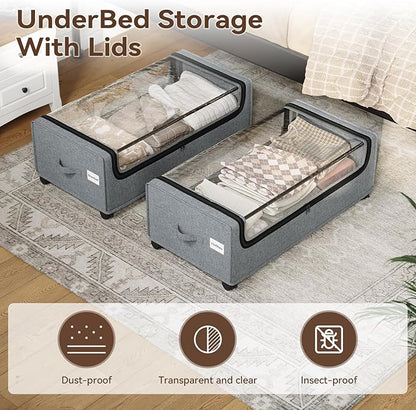 VicHomey Under Bed Storage With Wheels, Tall Under The Bed Storage, Underbed Storage Containers With Lids, Metal Frame, 90L Capacity, Large Size