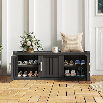 NUNU LAB Shoe Storage Cabinet, Waterproof Shoe Organizer with Adjustable Shelves, UV-Resistant Entryway Shoe Cabinet Bench with 3 Barn Doors for Indoor Outdoor, Foyer, Hallway, Living Room,Black
