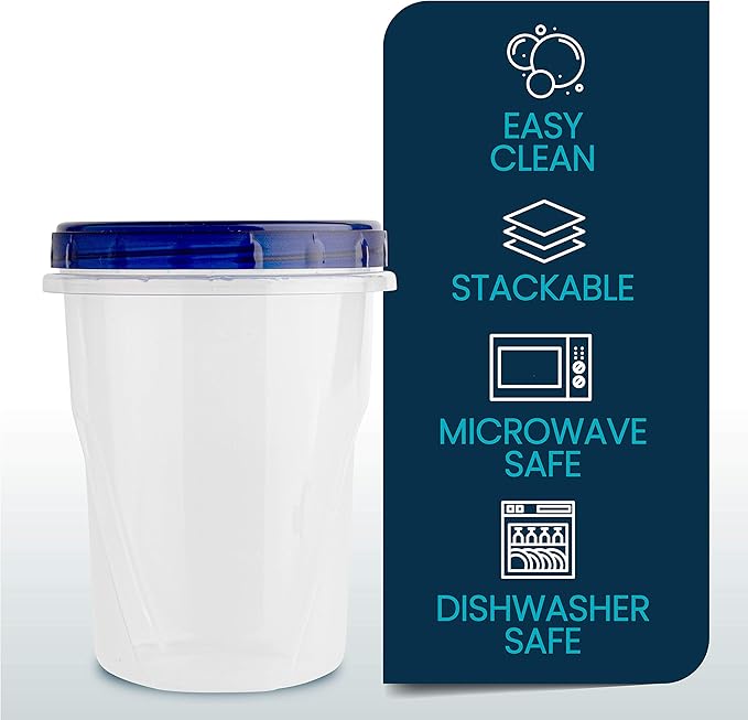 PLASTICPRO 32 oz 72 Pack Twist Top Deli Containers Clear bottom With blue Top Twist on Lids Reusable, Stackable, Food Storage Freezer Container Pack of 72