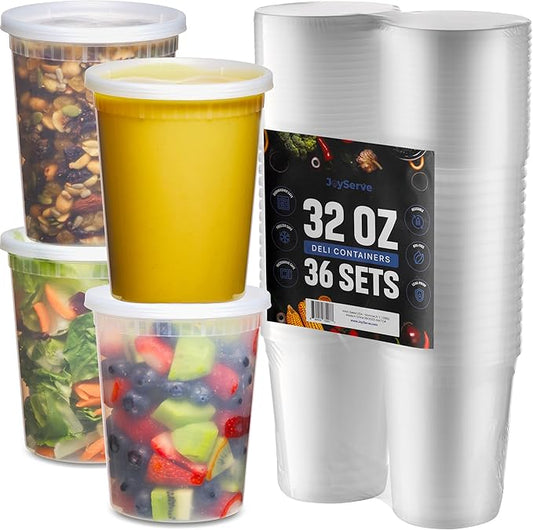 JoyServe 32 Oz Deli Food Containers with Lids - (36 Sets) Quart Airtight Plastic Food Storage for Takeout, Meal Prep, To-Go, Soup Freezer Containers with 36 Lids, BPA-Free, Dishwasher, Microwave Safe