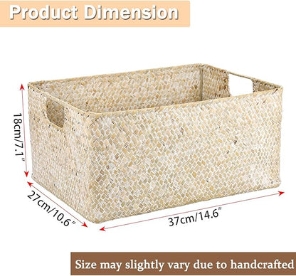 Hipiwe Wicker Shelf Baskets Seagrass Storage Opened Baskets Bin Built-in Handles Rectangular Closet Bedroom Organizer Box Multipurpose Woven Basket Home Organizer,Whitewash,14.6"x 10.6" x 7"