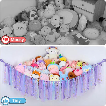 FIOBEE Stuffed Animals Net or Hammock with LED Light, Toy Hammock Hanging Stuffed Animals Storage Organizer Holder Room Décor for Nursery Kids Bedroom