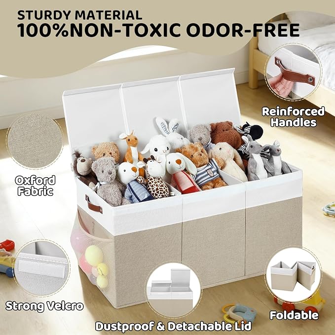 Extra Large Toy Chest,Foldable Storage Box, Large Storage Bins With Lids, Suitable for living rooms, studies, bedrooms(40"X18"X14",White & Beige)