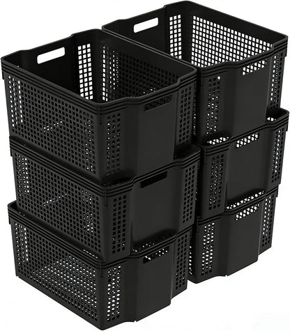 6-Pack Large Plastic Deep Stacking Baskets, Black Storage Baskets, Multi-Purpose, Ideal for Closets, Cabinets, Shelves, Countertops