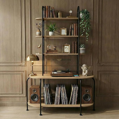 5-Tier CD Storage Rack, Record Player Stand with Storage, DVD Organizer Shelf with Adjustable Book Stoppers, Media Storage Rack for CD/DVD, Books, Games, for Living Room, Bedroom, Home Office, Natural