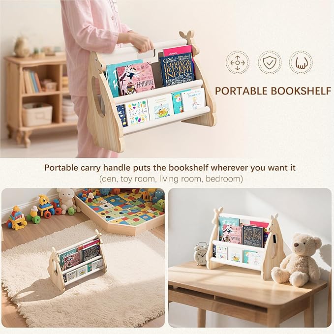 Double Sided Kids Bookshelf –2 Tier Portable Toddler Bookshelf,Book Shelf for Kids Rooms & Playroom,Wooden Montessori Baby Bookshelf,Toddler Book Display Shelves (Nature, Kangaroo)