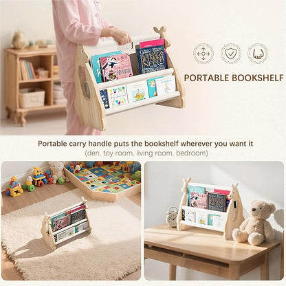 Double Sided Kids Bookshelf –2 Tier Portable Toddler Bookshelf,Book Shelf for Kids Rooms & Playroom,Wooden Montessori Baby Bookshelf,Toddler Book Display Shelves (Nature, Kangaroo)