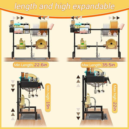 ADBIU Over The Sink Dish Drying Rack (Expandable Height and Length) Snap-On Design 2 Tier Large Dish Rack