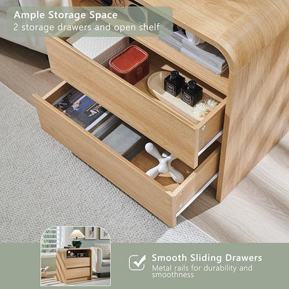 Aitjunz 25" Tall Modern Nightstand Set of 2, 23.6'' Wide Wood Bedside Table w/2 Storage Drawers, Charging Station, Mid Century End Table for Bedroom, Living Room,Curved Profile Design, Natural Oak | Modern, Set of 2, Bedside Table, 2 Storage Drawers, C...