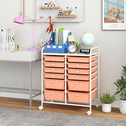 Giantex 12 Drawers Rolling Storage Cart, Classroom Organizers with Wheels for Tools Scrapbook Craft Paper Teacher Office School Supplies (Peach Fuzz)