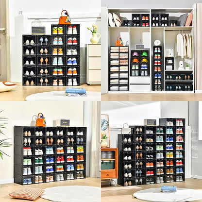 12 Pack Shoe Boxes Organizer, Magnetic Door Shoe Storage Boxes, Clear Sneaker Storage Box for Women/Men, Fit up to US Size 12