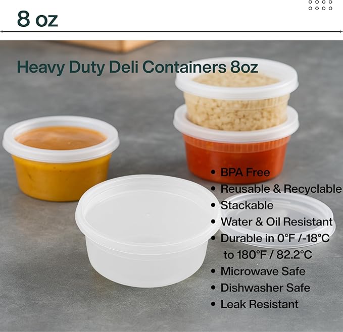 ProTakeOut 8oz [50 set] Heavy Duty Plastic Deli Container | BPA-Free Food Storage with Airtight Leak‑Proof Lids | Microwave, Freezer & Dishwasher Safe – Stackable, Bulk Reusable Soup & Meal Prep Tub