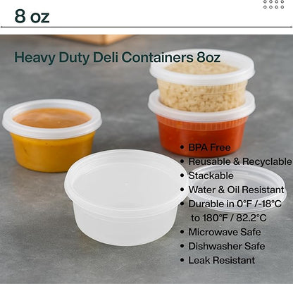 ProTakeOut 8oz [50 set] Heavy Duty Plastic Deli Container | BPA-Free Food Storage with Airtight Leak‑Proof Lids | Microwave, Freezer & Dishwasher Safe – Stackable, Bulk Reusable Soup & Meal Prep Tub