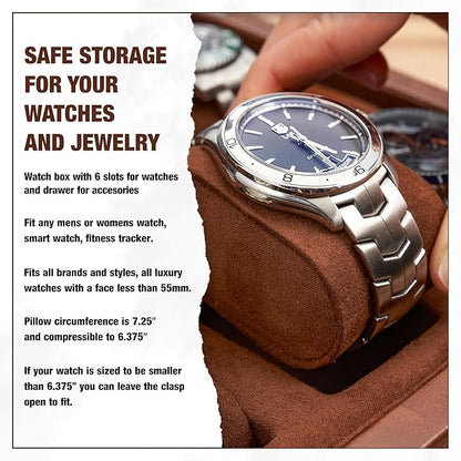 Awesometik 6 Slot LUXURY Faux Leather Watch Box Organizer. Real Glass Top. Watch Display & Watch Holder for Men. Watch Collection, Protection. For Men Ready to Gift (6 Slot Watch Box with Drawer)