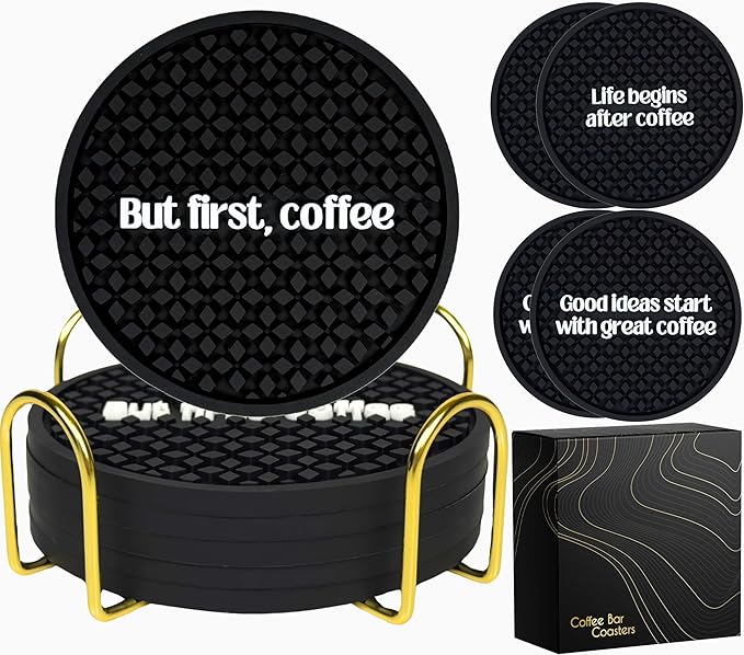 Coffee Coasters Set of 6 for Bar Decor and Bar Accessories, But First Coffee Decor Funny Silicone Coasters with Gold Holder, Coaster 6 Pack, Tiki Bar Drink Coaster for Outdoor Decorations