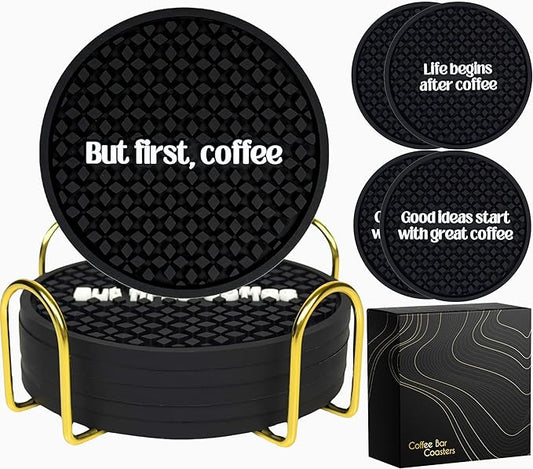 Coffee Coasters Set of 6 for Bar Decor and Bar Accessories, But First Coffee Decor Funny Silicone Coasters with Gold Holder, Coaster 6 Pack, Tiki Bar Drink Coaster for Outdoor Decorations