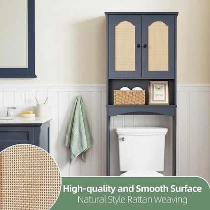 OONNEE Over The Toilet Storage Cabinet, Above Toilet Organizer with 2 Rattan Doors, Modern Blue Finish, 24x70 inch Space Saving Freestanding Bathroom Cabinet