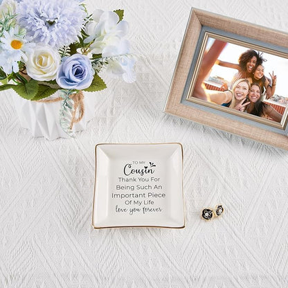 COZITED Cousin Gifts for Women, To My Cousin Trinket Tray Jewelry Dish, Cousins Birthday Gifts for Cousin Christmas Mothers Day Valentines Gift - Thank You for Being Such An Important Piece of My Life