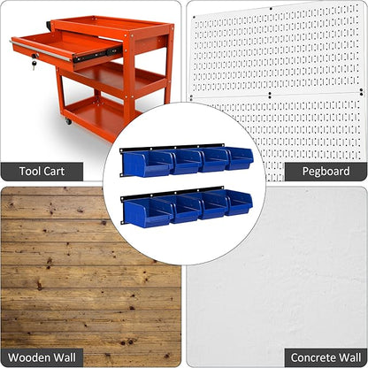 UNITEDPOWER wall mounted garage storage bin, Parts Rack, Plastic Hanging Stackable Storage Bin, Hardware Tool Organizer for workshop, Craft Room, school and Shop, 8 Bins&2 Rails (Blue), Large