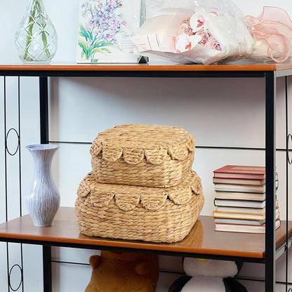 Round Wicker Storage Baskets with Lid, Rattan Basket Decorative Boxes, Woven Storage Box Hyacinth Basket with Lids, Scalloped Edge Wicker Basket with Lid, Set of 2