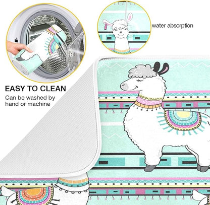 ZzWwR Tribal Cute Cartoon Llama Green 16 x 18 Inches Absorbent Dish Drying Mat Microfiber Kitchen Countertop Table Protector Multi-Purpose Counter Rack Sink Drainer Pad