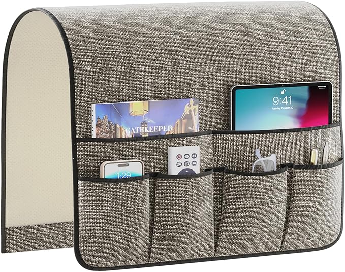 Sixyotie Armchair Caddy Remote Control Holder Sofa Organizer Non-Slip Couch Arm Chair Caddy with 6 Pockets for Tablets,Smart Phone,Books,Pens,Magazines,Ipad (19x35In, Darkgrey)