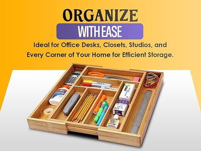 YBM Home & Kitchen Expandable 6-compartment Kitchen Utensil, Flatware, Cutlery Drawer Organizer Tray Size 18" width (12.5" wide closed), 17." Length, 2" Height. Item No.339