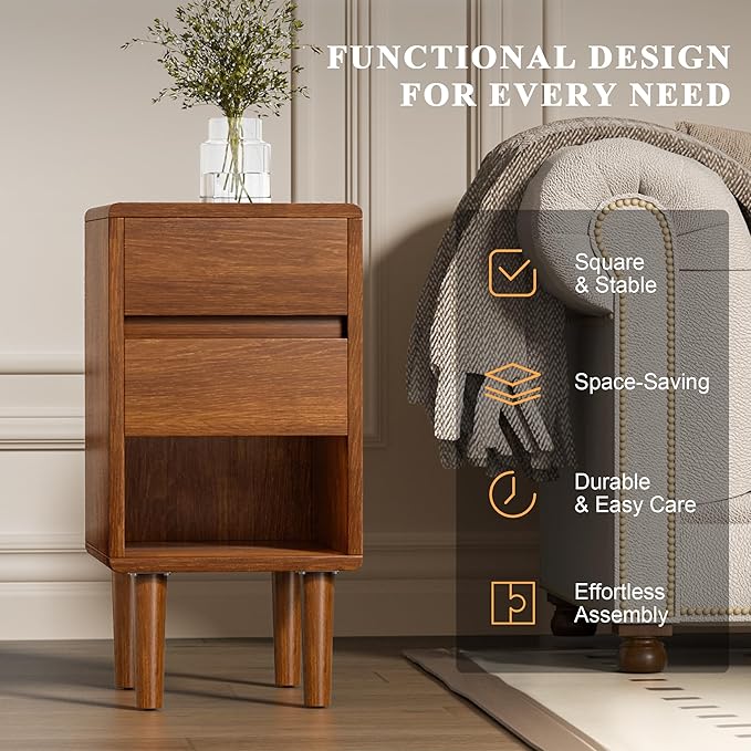 Narrow Nightstand 2 Drawers with Open Shelf Narrow Night Stand Solid Wood Bedside Table Mid Century Modern Nightstand Wooden End Table for Bedroom, Living Room, Study, Office